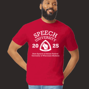 Male-presenting model wearing red T-shirt with "Speech University - 2025" design