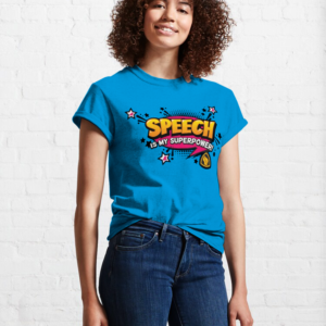 Female-presenting model wearing bold blue T-shirt with design, "Speech is my Superpower"