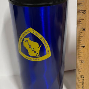 Insulated blue travel mug with yellow-gold logo imprint