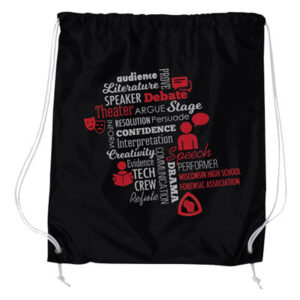 Drawstring backpack with WHSFA logo and wordle of speech, debate, and theatre activities.