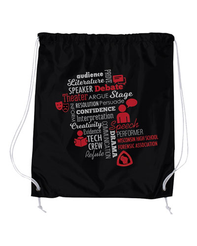Drawstring backpack with WHSFA logo and wordle of speech, debate, and theatre activities.