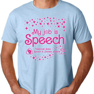 Male-presenting model wearing light blue T-shirt with design, "My Job is Speech"