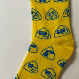 Yellow socks with step-and-repeat logos showing WISDAA's activities of speech, debate, theatre, and film.